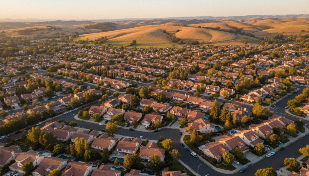 firefly gemini flash aerial view of gilroy suburban streets at golden hour, soft sunlight, warm natural co 841714