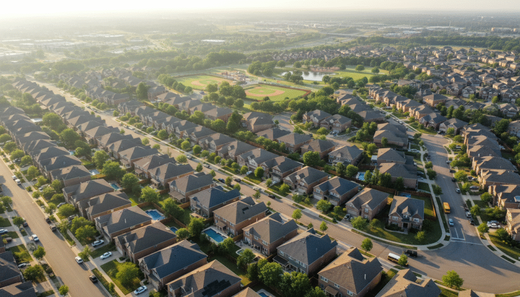firefly gemini flash aerial view of a busy suburban neighborhood, morning sunlight, realistic detail, cris 845269
