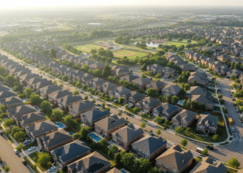 firefly gemini flash aerial view of a busy suburban neighborhood, morning sunlight, realistic detail, cris 845269