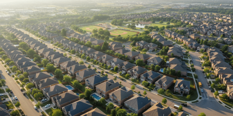 firefly gemini flash aerial view of a busy suburban neighborhood, morning sunlight, realistic detail, cris 845269