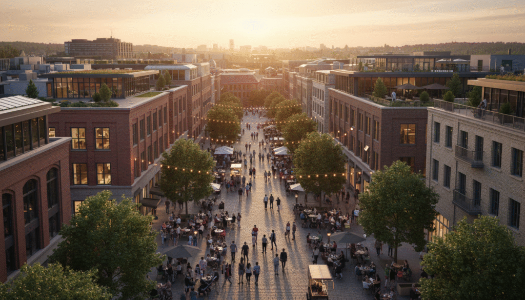 firefly gemini flash aerial view of a lively walkable downtown area, people strolling, outdoor cafes, warm 635560