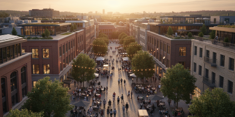 firefly gemini flash aerial view of a lively walkable downtown area, people strolling, outdoor cafes, warm 635560