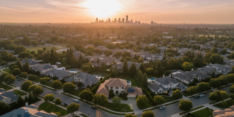 firefly gemini flash aerial view of a neighborhood at sunset, long warm shadows across rooftops, distant s 537013