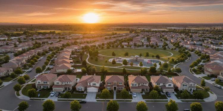 firefly gemini flash aerial view of a suburban neighborhood at sunset, realistic lighting, warm tones, sof 756755