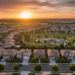 firefly gemini flash aerial view of a suburban neighborhood at sunset, realistic lighting, warm tones, sof 756755