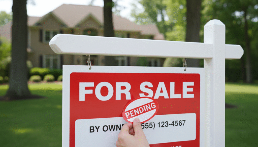 firefly gemini flash closeup of a “for sale” sign with a pending sticker being added, shallow depth of fie 841714