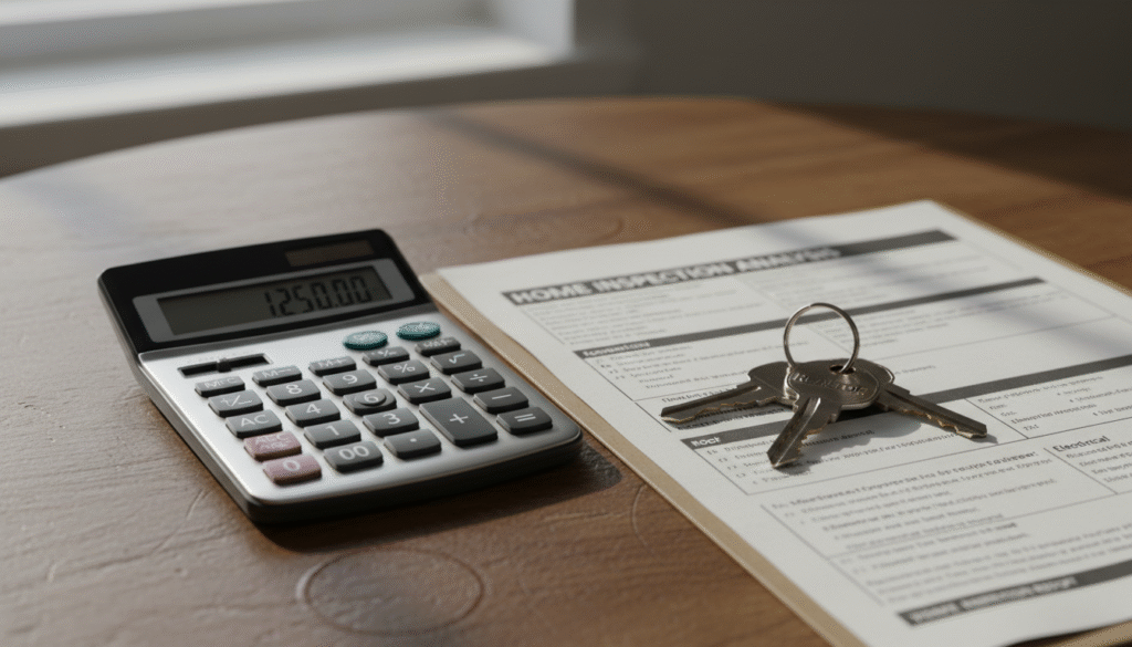 firefly gemini flash closeup of a calculator, inspection report, and house keys on a wooden table, soft wi 841714