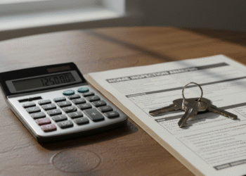 firefly gemini flash closeup of a calculator, inspection report, and house keys on a wooden table, soft wi 841714