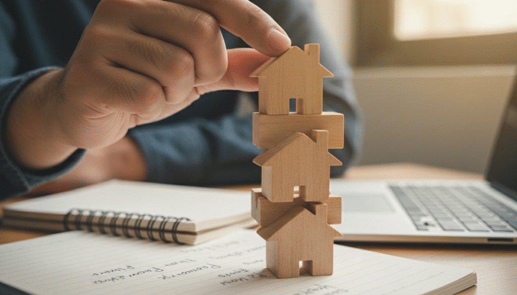 firefly gemini flash closeup of a hand stacking small wooden house blocks or mini house icons on top of ea 537013