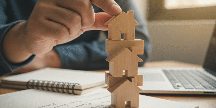 firefly gemini flash closeup of a hand stacking small wooden house blocks or mini house icons on top of ea 537013