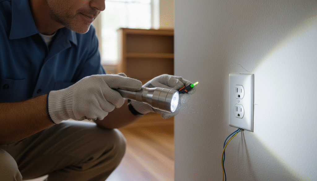 Why Pre-Inspection Helps Sellers Stay Ahead firefly gemini flash closeup of a home inspector using a flashlight near a wall outlet, natural indoor lig 845269