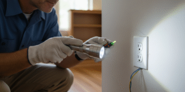 firefly gemini flash closeup of a home inspector using a flashlight near a wall outlet, natural indoor lig 845269