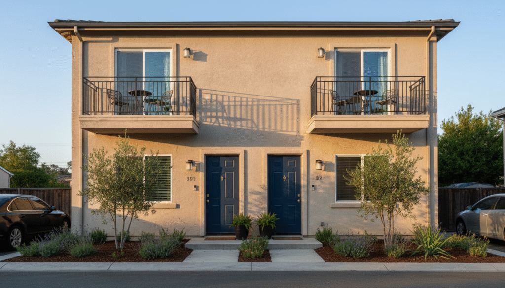firefly gemini flash closeup of a neat duplex or small apartment building in morgan hill, clear view of fr 537013