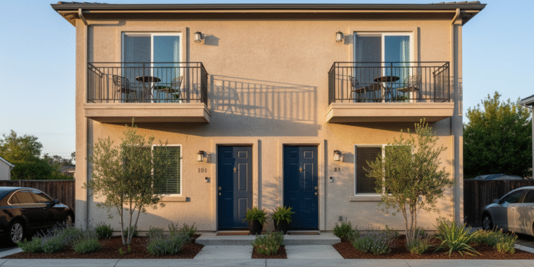 firefly gemini flash closeup of a neat duplex or small apartment building in morgan hill, clear view of fr 537013