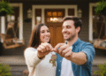 firefly gemini flash closeup of a young couple holding house keys in front of a cozy home, soft natural li 635560