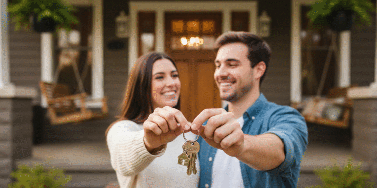 firefly gemini flash closeup of a young couple holding house keys in front of a cozy home, soft natural li 635560