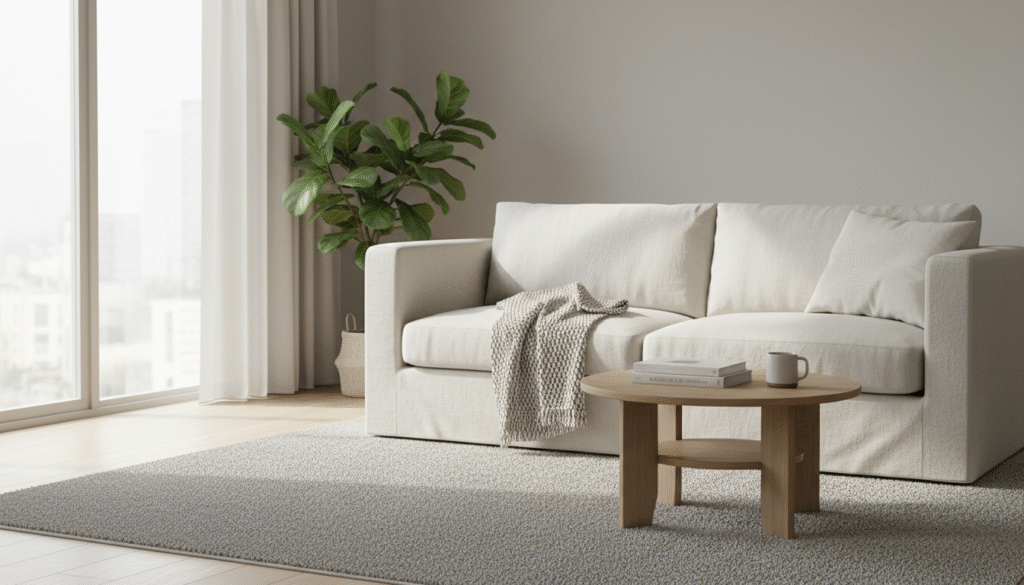 firefly gemini flash closeup of cozy minimal living room, natural sunlight through large window, calm neut 635560