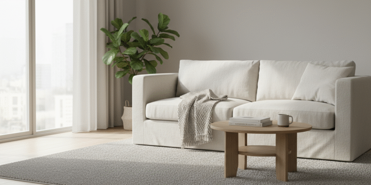 firefly gemini flash closeup of cozy minimal living room, natural sunlight through large window, calm neut 635560