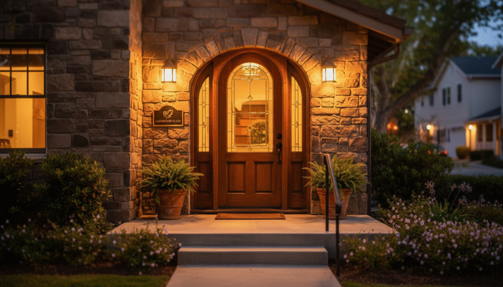 firefly gemini flash closeup of small multifamily building entrance in morgan hill, evening porch lights g 635560