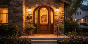 firefly gemini flash closeup of small multifamily building entrance in morgan hill, evening porch lights g 635560