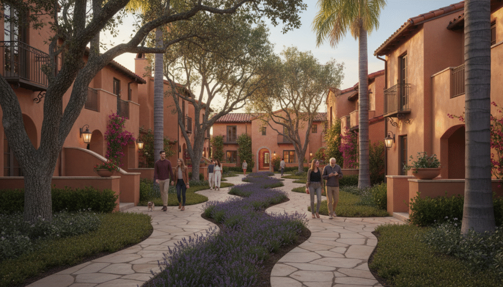 firefly gemini flash create a cinematic street level rendering of a spanish revival townhome community in 671001