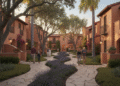 firefly gemini flash create a cinematic street level rendering of a spanish revival townhome community in 671001