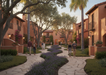 firefly gemini flash create a cinematic street level rendering of a spanish revival townhome community in 671001