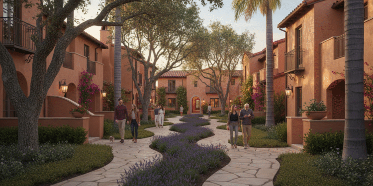 firefly gemini flash create a cinematic street level rendering of a spanish revival townhome community in 671001