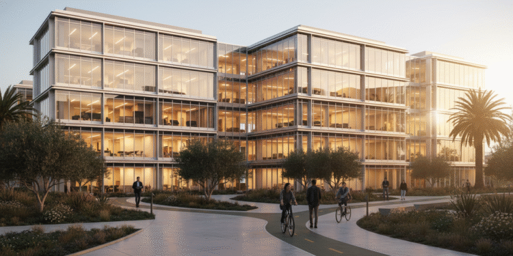 firefly gemini flash create a cinematic, ultra realistic street level rendering of a modern six story offi 671001