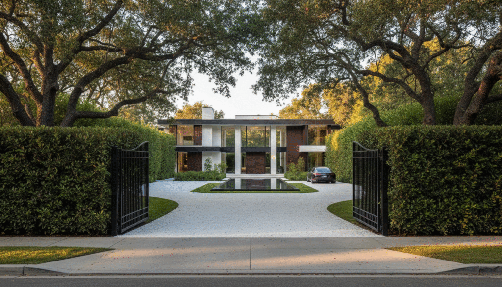 firefly gemini flash create a high end, cinematic street level scene of a luxury atherton estate. show a g 671001