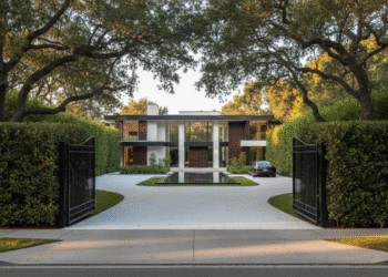 firefly gemini flash create a high end, cinematic street level scene of a luxury atherton estate. show a g 671001