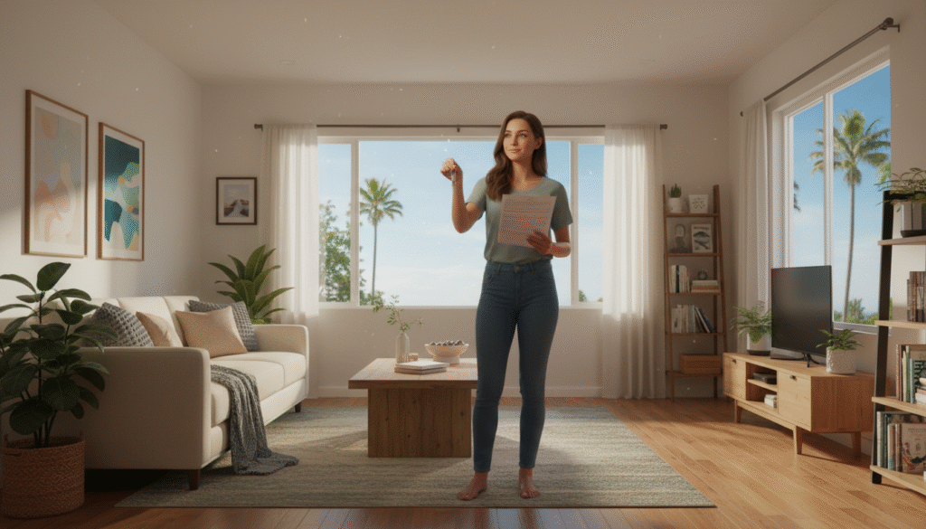 firefly gemini flash create a realistic eye level scene of a first time buyer standing inside a bright cal 944088