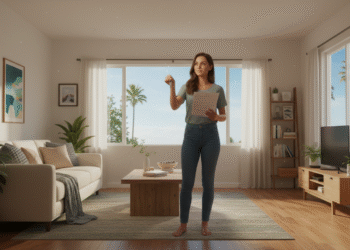 firefly gemini flash create a realistic eye level scene of a first time buyer standing inside a bright cal 944088