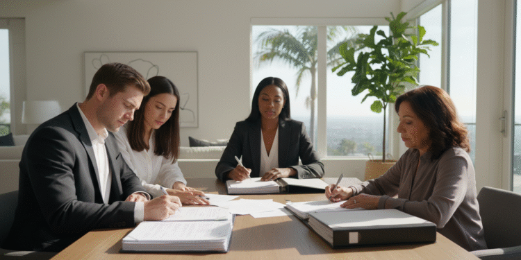 firefly gemini flash create a realistic indoor scene of a california home closing. a buyer and seller seat 944088