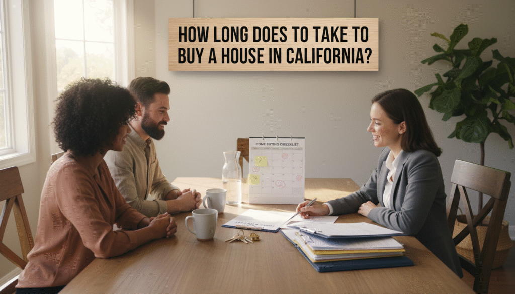How Long Does It Take to Buy a Home in California? A Step by Step Timeline firefly gemini flash create an eye level scene showing a couple reviewing a home buying checklist with a r 139598