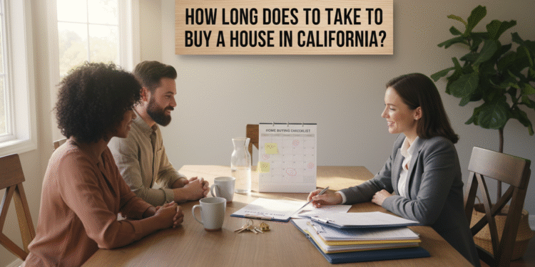 How Long Does It Take to Buy a Home in California? A Step by Step Timeline firefly gemini flash create an eye level scene showing a couple reviewing a home buying checklist with a r 139598