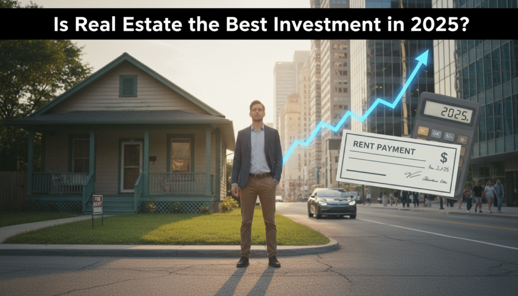 firefly gemini flash create an eye level scene showing a person standing between a modest rental home and 139598