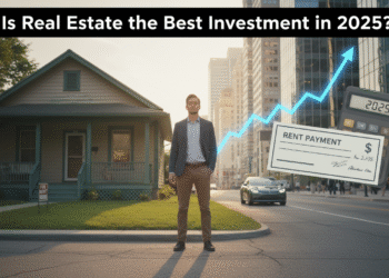 firefly gemini flash create an eye level scene showing a person standing between a modest rental home and 139598