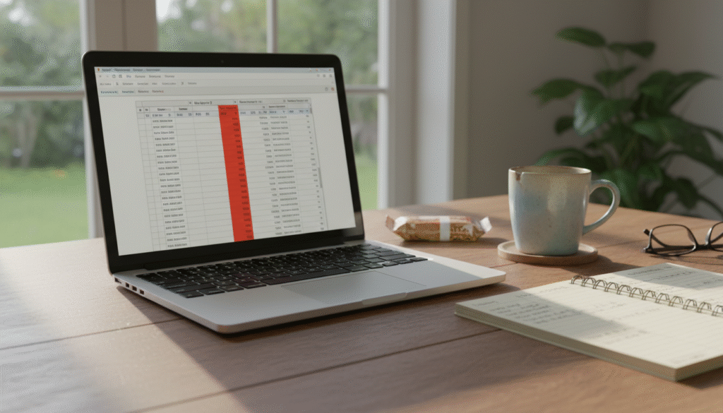 firefly gemini flash ground level desk scene with a laptop showing a sensitivity table, one column highlig 594178