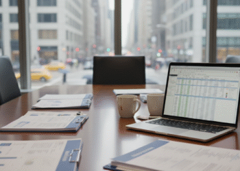 firefly gemini flash ground level photo of a conference room table with printed valuation reports, a lapto 854450