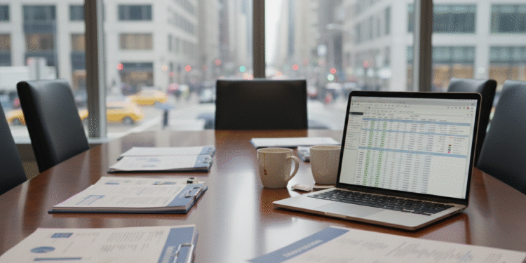 firefly gemini flash ground level photo of a conference room table with printed valuation reports, a lapto 854450