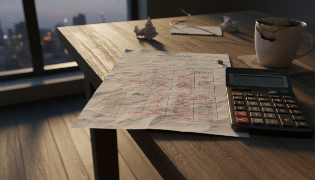 firefly gemini flash ground level photo of a desk with a printed pro forma marked up in red pen, crossed o 854450