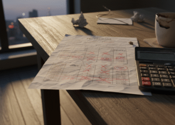 firefly gemini flash ground level photo of a desk with a printed pro forma marked up in red pen, crossed o 854450