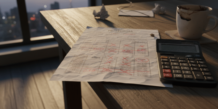 firefly gemini flash ground level photo of a desk with a printed pro forma marked up in red pen, crossed o 854450