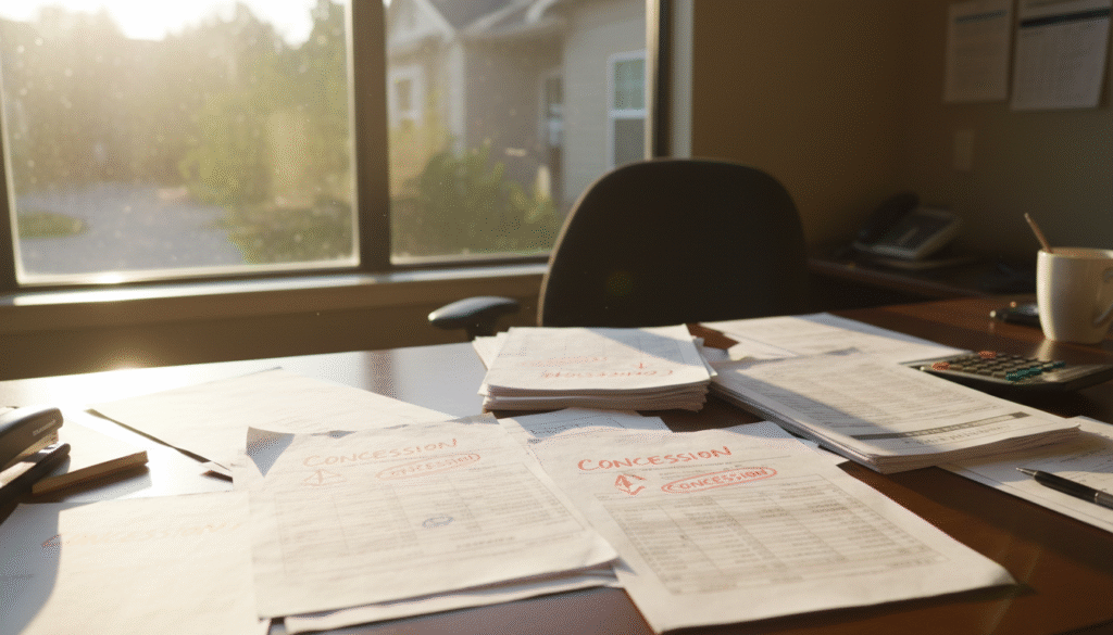 firefly gemini flash ground level photo of a leasing office desk with rent roll printouts, concession note 854450