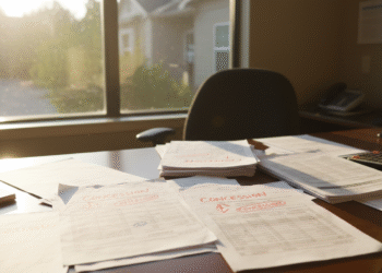 firefly gemini flash ground level photo of a leasing office desk with rent roll printouts, concession note 854450