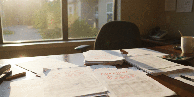 firefly gemini flash ground level photo of a leasing office desk with rent roll printouts, concession note 854450