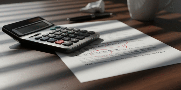 firefly gemini flash ground level photo of a loan term sheet on a desk with a calculator, handwritten note 854450