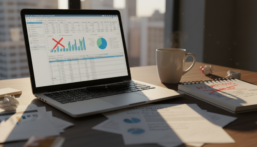 firefly gemini flash ground level photo of an analyst desk with a laptop showing a financial model, handwr 854450