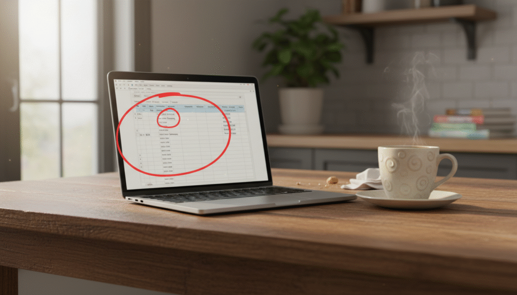 firefly gemini flash ground level shot of a kitchen table with a laptop open to a spreadsheet, one expense 594178